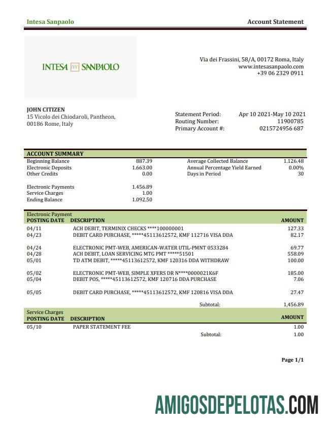 Italy Intesa Sanpaolo extrato bancário amostra